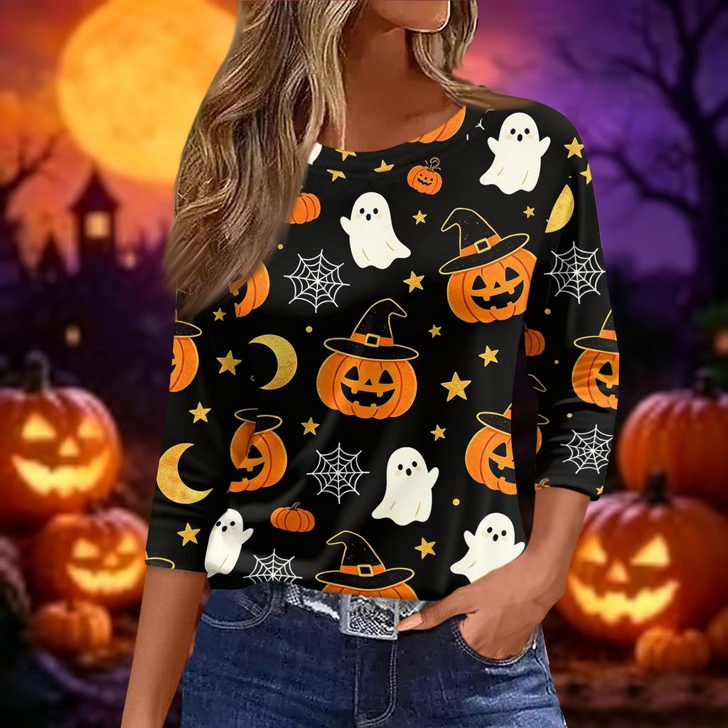 Women's Halloween Print 3/4 Sleeve Loose Fit Casual Round Neck Shirt Pumpkin Candy Pattern Top for Fall Seasonal Wear
