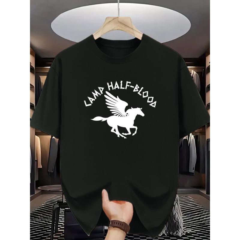 European Size Men'S "Camp Half-Blood" Graphic T-Shirt - Black Short Sleeve Tee with Flying Horse Print, Casual Summer Style for Young Adults