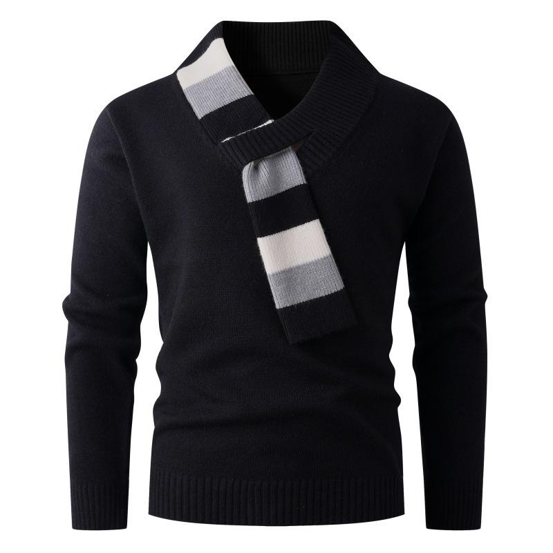 Men s Autumn/Winter Thickened Warm Knit Scarf Collar Sweater M чёрный