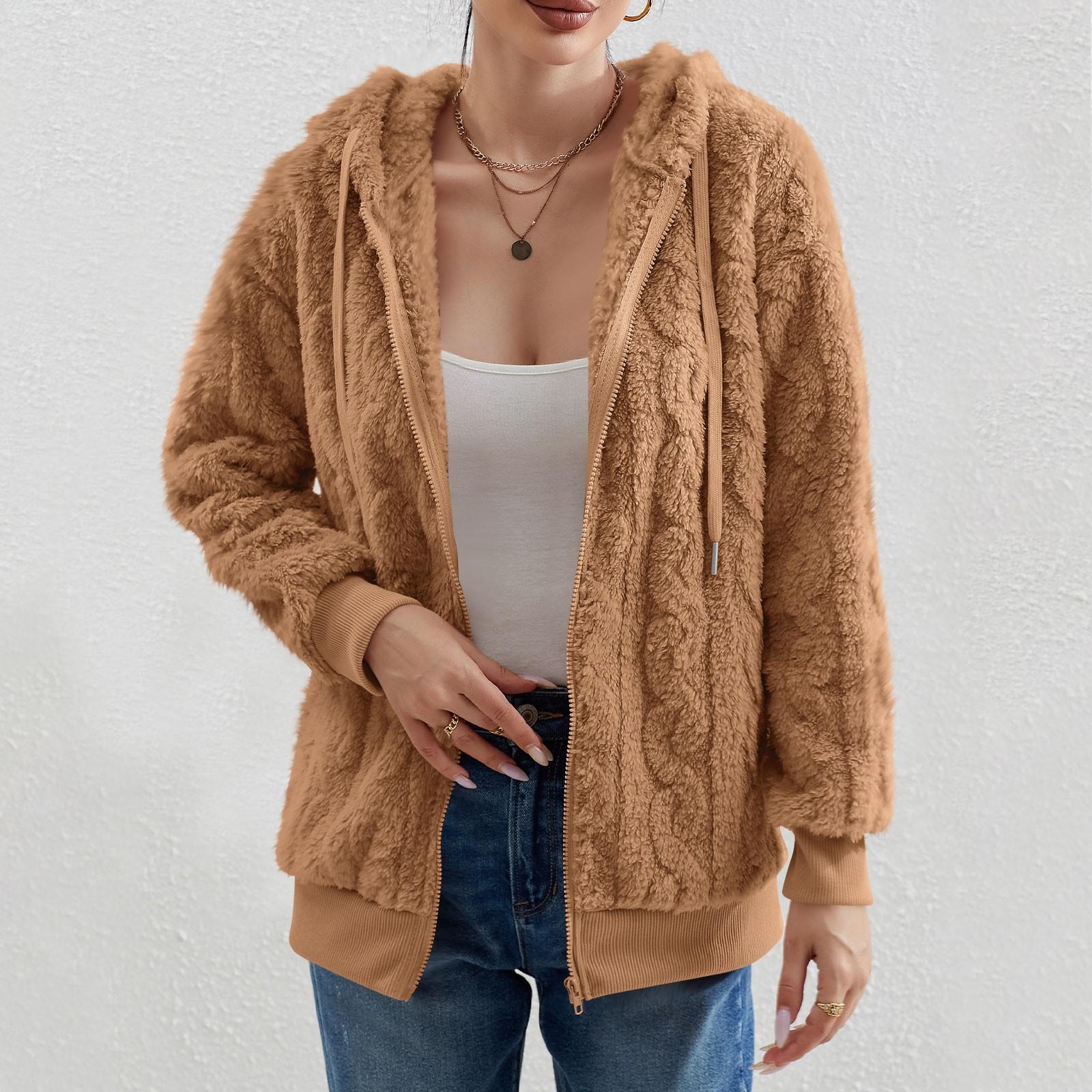 Женская мода с длинным рукавом сплошной цвет карман плюшевый кардиган с капюшоном — фото 8