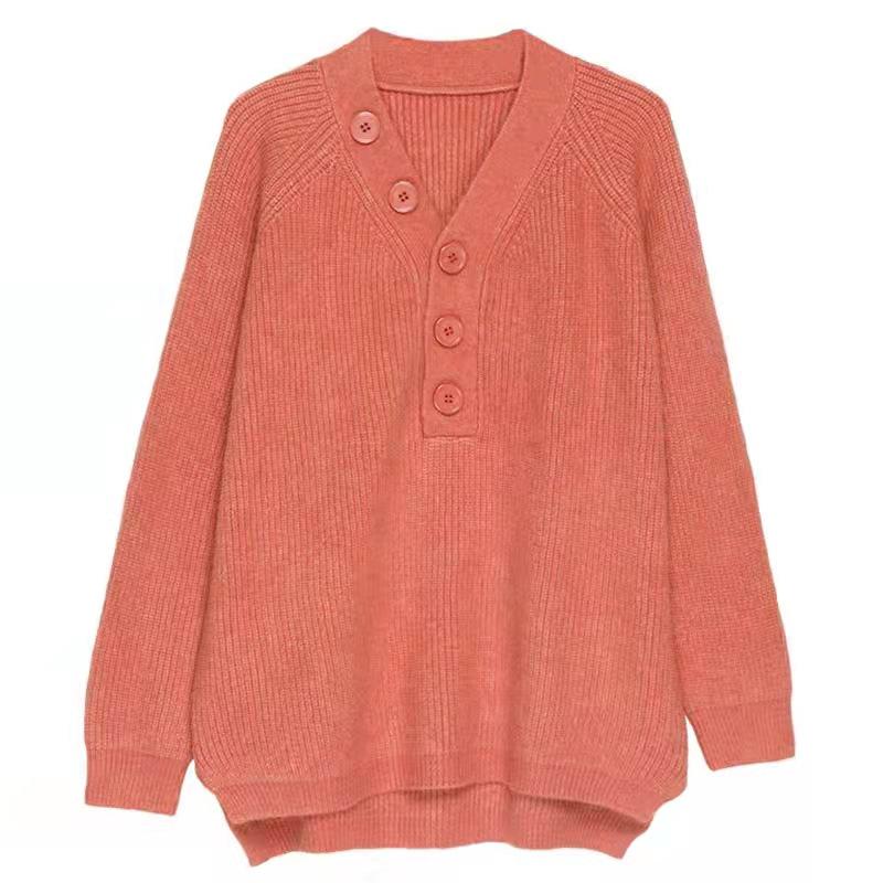 Women's V-neck Pullover Sweater Autumn New Style Loose and Thick Single Breasted Knitted Sweater