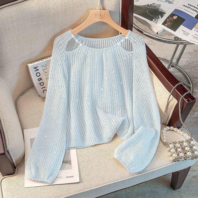 Womens White Knit Crop Top Casual Crew Neck Long Sleeve Sheer Sweater