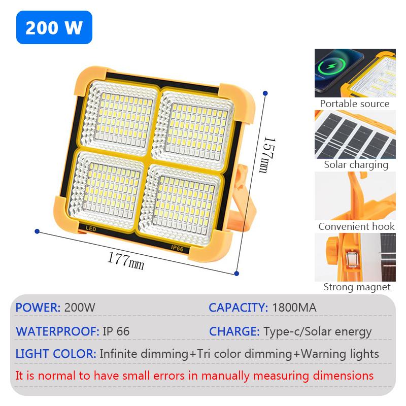 Outdoor Strong Sunlight Lighting Solar LED Floodlight IP66 Waterproof USB RechargeablePortable Camping Tent Fishing Work Light