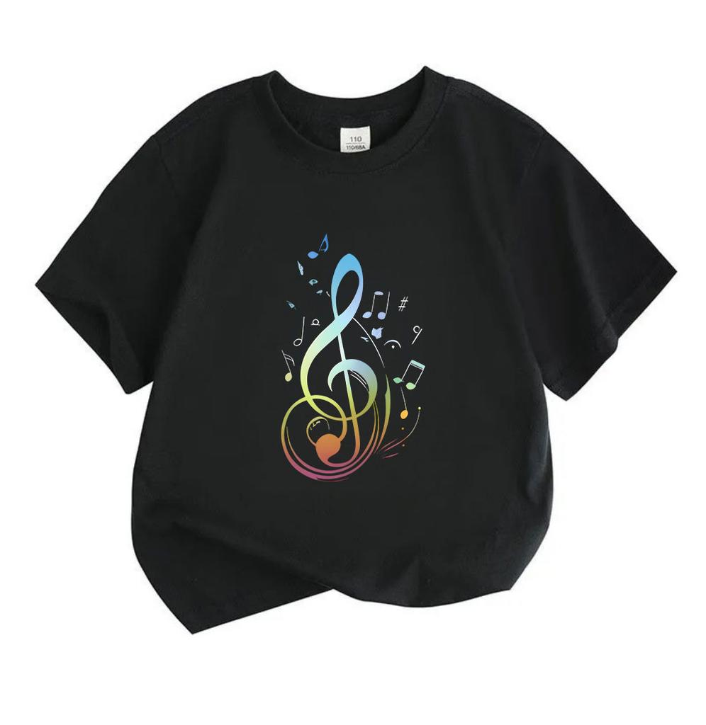 T-shirt a maniche corte con girocollo per bambini e ragazzi, 100% cotone, stampa colorata di chiave di violino e nota musicale, casual, morbida, traspirante, maglietta estiva per amanti della musica