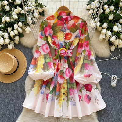 Robe imprimée mode vintage 2025 Col montant français manche lanterne boutonnage simple taille jupe trapèze