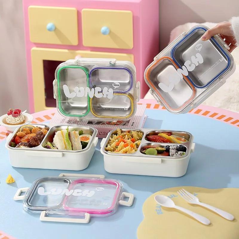 304 Stainless Steel 720Ml Leak Proof Lunch Box 3 Compartments With Cutlery For Kids School Office Outdoor Picnics