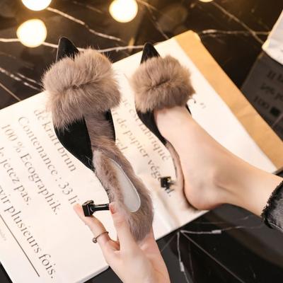 Mao Mao High-heeled Single Shoes, Spring Outer Wear, Spring and Autumn Pointed Head Half-drag Internet Celebrity Winter Slippers Ins Middle Heel