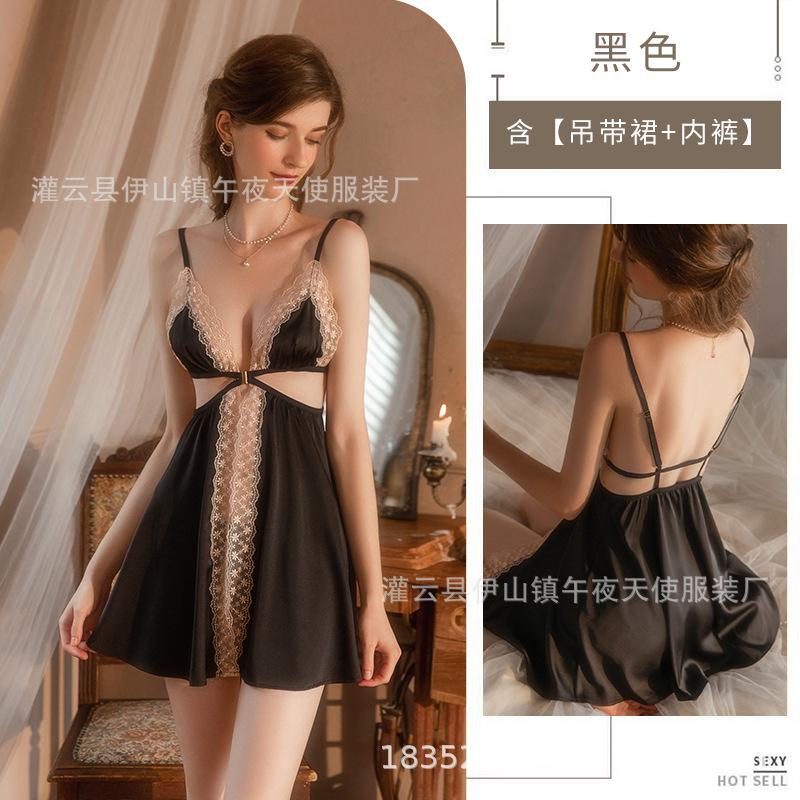 

Summer ice silk thin V-neck lace lace pure desire wind passion split fork free bed flirting suspender skirt M чёрный