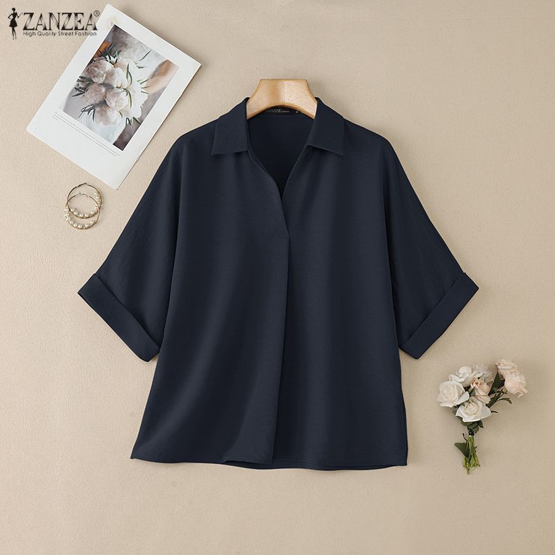 ZANZEA Women Casual Turn Down Collar Loose Short Sleeve Blouse