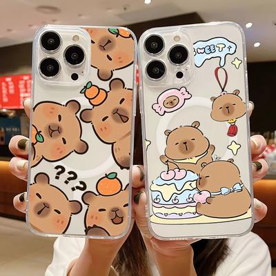 Cartoon Cute Capybara For iPhone 11 12 13 14 15 16 Pro Max Plus Magnetic Wireless Charge Phone Case Transparent Protector Cover