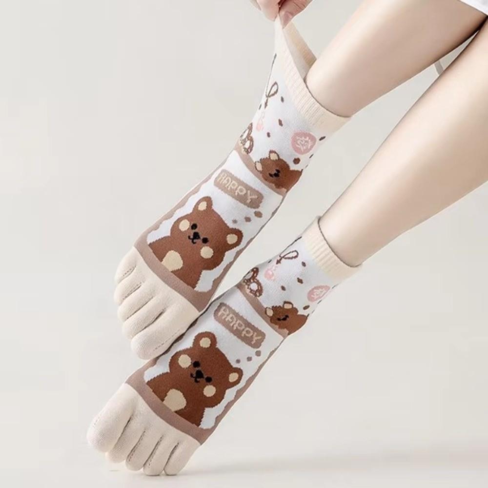 Cotton Five Fingers Women Socks Cartoon Medium Tube Socks Kawaii Split Toe Socks  For Yoga Sports