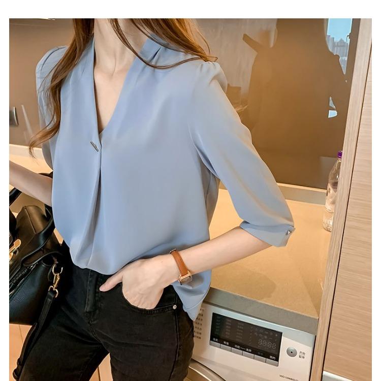 Summer Chiffon Blouse V Neck Loose Fit Korean Style Slimming Top Casual Elegant Basic Shirt