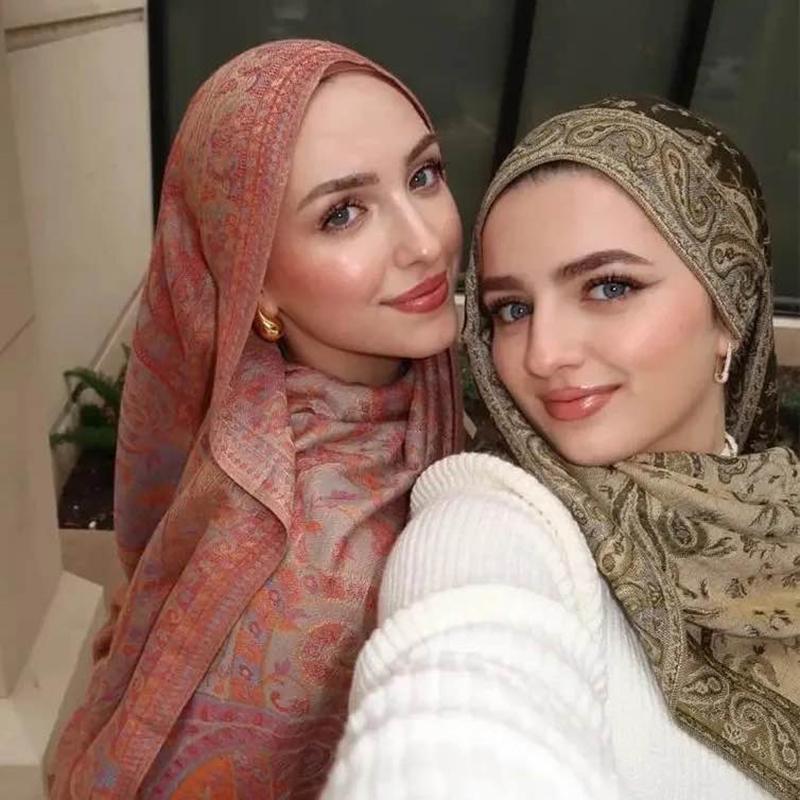 Etniczny Szalik Hidżab z Haftem Paisley Retro Orzech Bawełniany Hidżaby dla Muzułmanek Szale do Owijania Eleganckie Szale Damskie Turban Chusta na Głowę