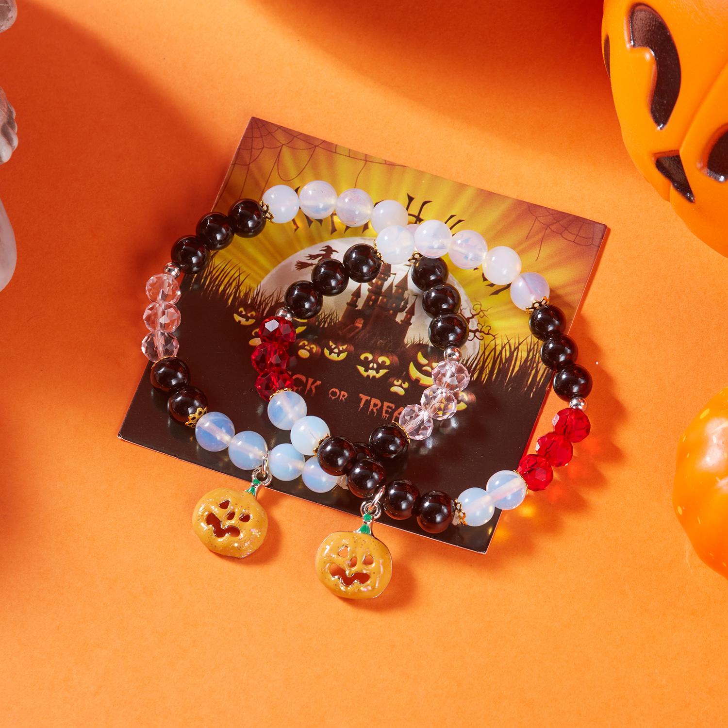 

Halloween Ghost Pumpkin Pendant Couple Bracelets for Women Men Handmade Elastic Beaded Witch Anatomy Heart Bracelet Jewelry