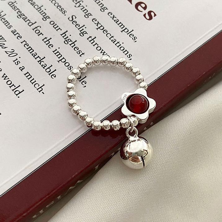 PONYKISS Sterling Silver Agate Flower Bell Bead Elastic Rope Rings for Women Cute Fine Minimalist Accessories