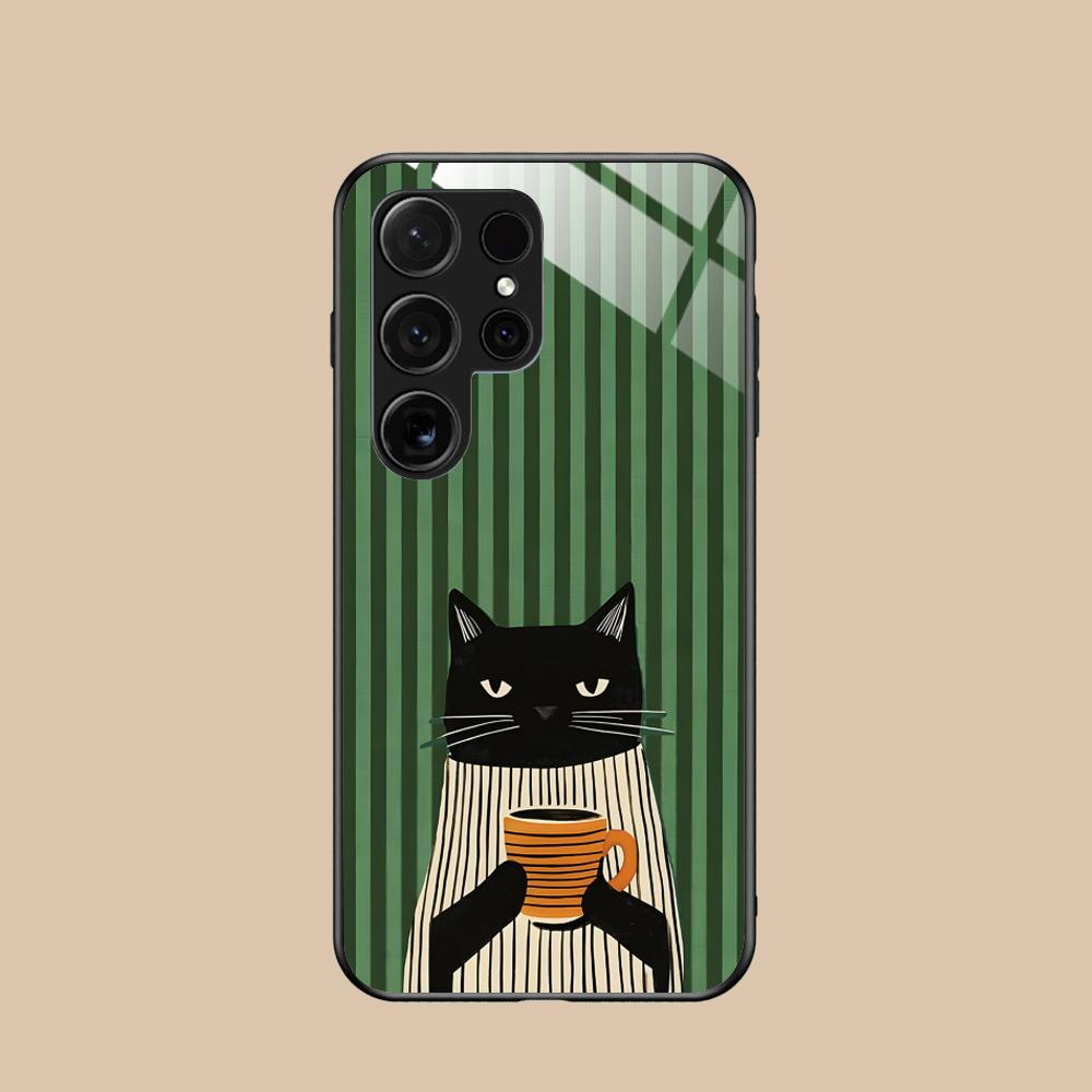 Cute Coffee Cat Glass Mobile Phone Case for Samsung Galaxy S26 S25 S24 S23 S22 S21 S20 Note20 Plus FE Ultra Colorful Cover