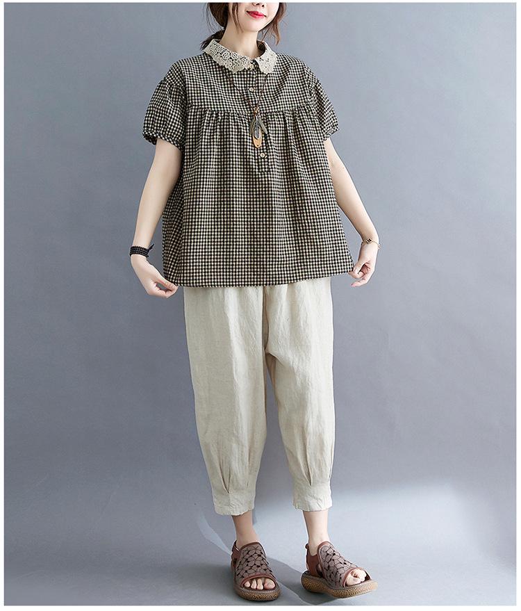 2021 Letní Nadměrná Velikost Patchwork Dámská Bavlněná Lněná Kostkovaná Košile s Peter Pan Límcem Zeštíhlující Krátký Rukáv