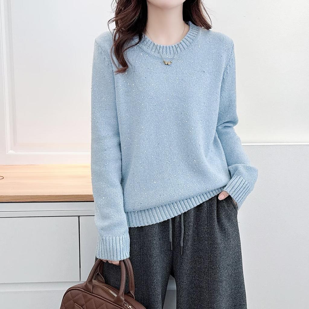 Plus Size Women Long Sleeve Sequin Crew Neck Pullover Winter Bottoming Sweater