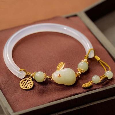 New Jade Rabbit Bracelet Weave Rope Adjustable Vintage Beads Bracelets Chinese Style Vintage Hand Ornaments Jewelry Gifts