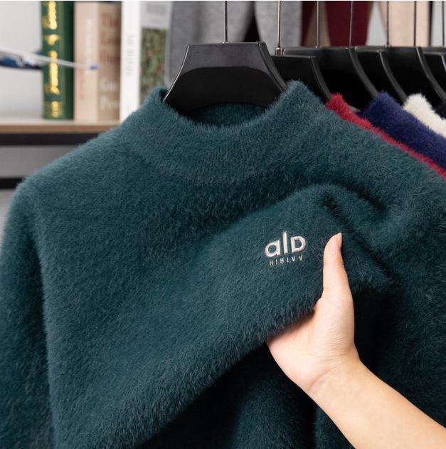 

Men s Trendy Warm Knit Half-High Collar Faux Mink Velvet Sweater XL (135-150 jin) темно-зелений колір