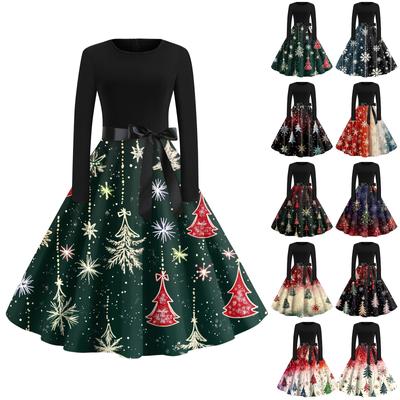 Damenmode Rundhalsausschnitt Lässig Schlank Weihnachten Bedruckte Langarmkleider
