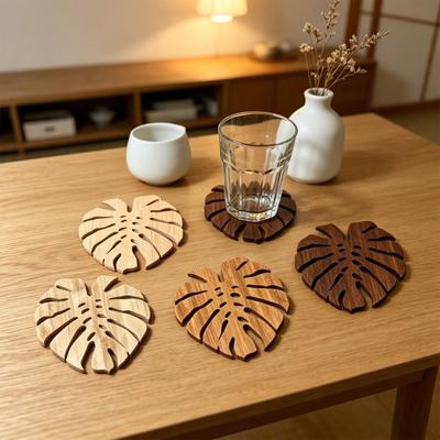 5Pcs Tropical Leaf Coasters Wooden Drink Mats for Kitchen Bar Table Protection Monstera Shape Heat-Resistant Mat Rustic Home Decor Holiday