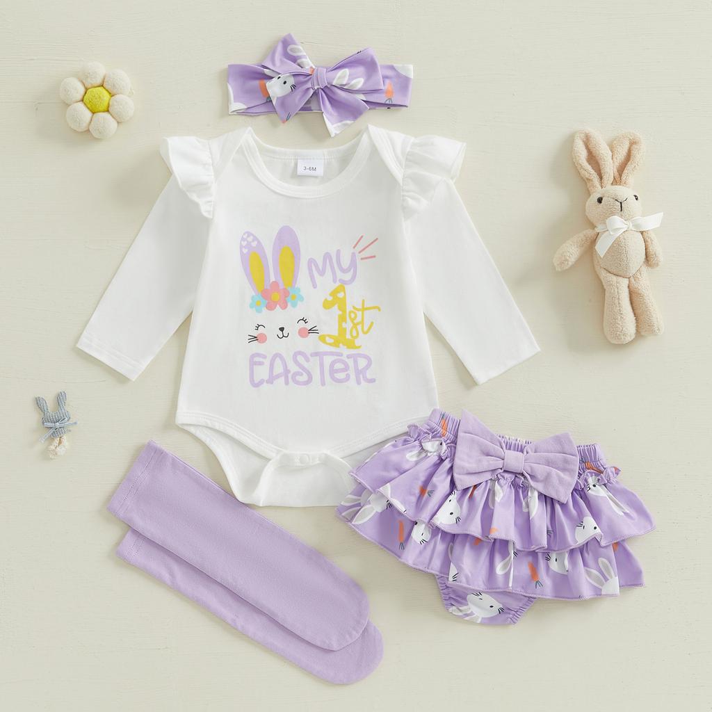 Baby Mädchen Oster-Outfit Hase Langarm Strampler Schleife Lagenrüschen Shorts zum Binden Stirnband Socken Frühlingskleidung