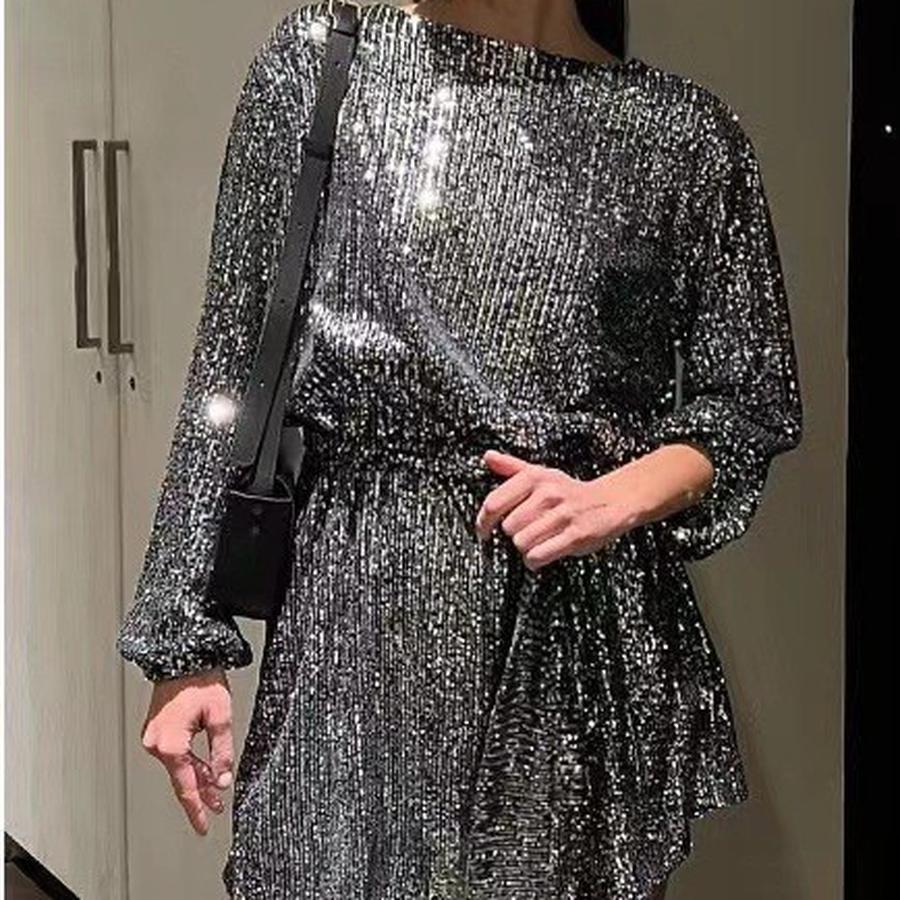 

New Festive Party Shiny Sequins Color-Block Slim Fit Dress Mini Cocktail Dress XXXL