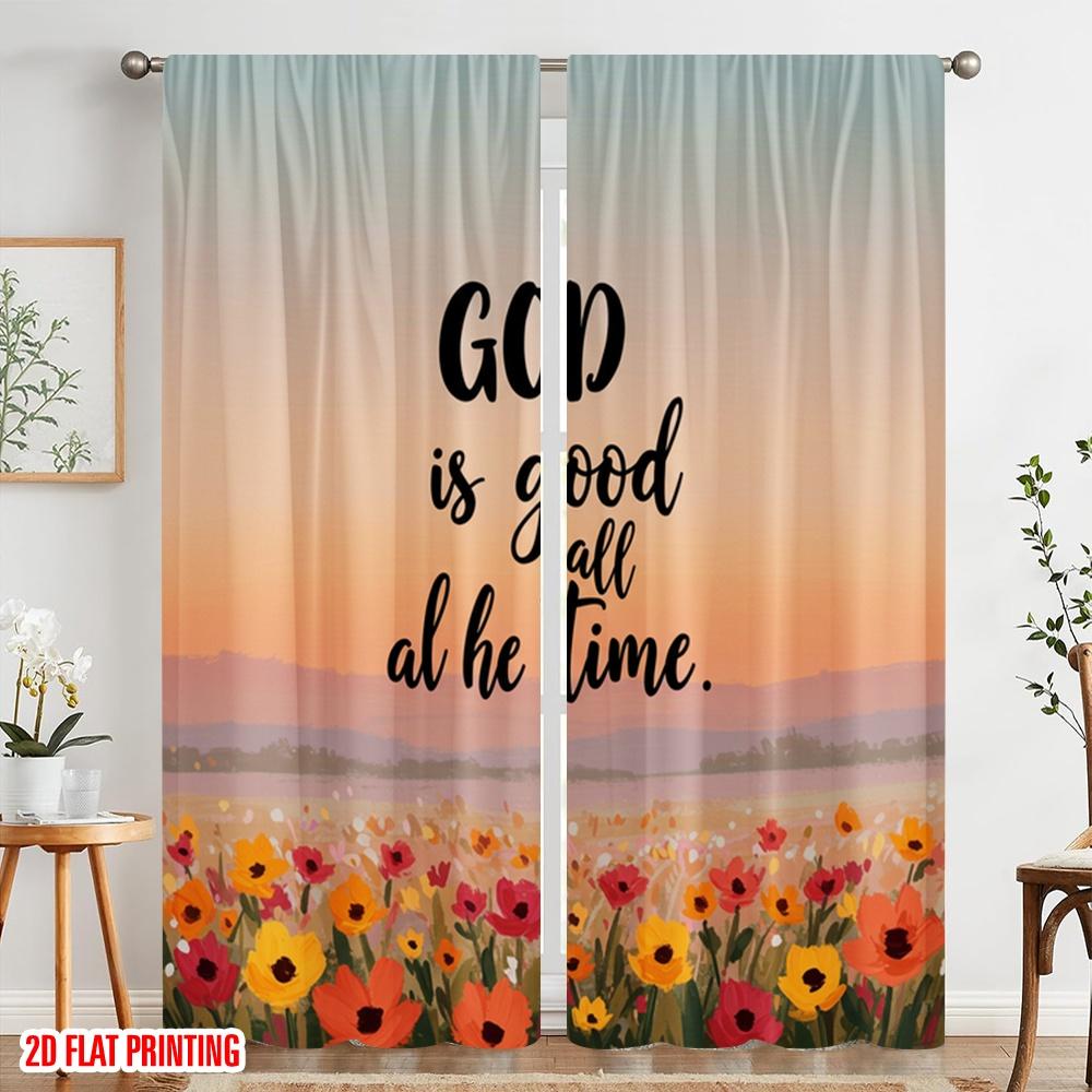 2pcs 2D Flat Printing Curtain God Is Good All Time 100% Polyester Without Electricity Birthday Party for Classroom Office