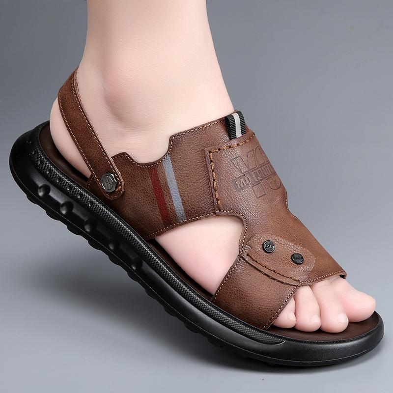 Fashion Men Summer High-quality Sandals and Slippers Men Leather Sandals Adult Thick-soled Beach Shoes Non-slip Open-toe Leather Sandals