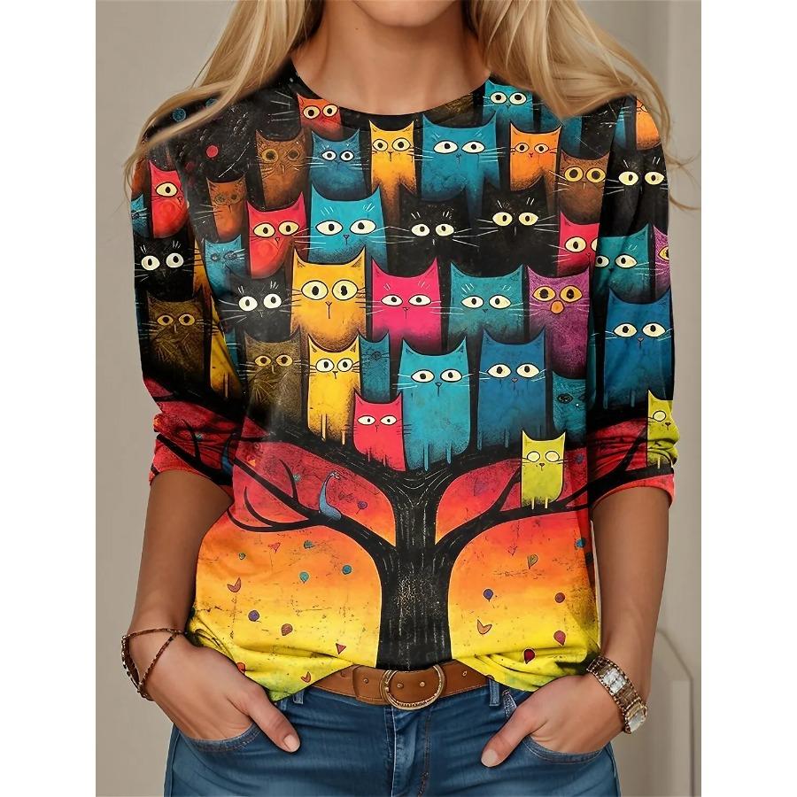 Fashion Design Women's T Shirts 3D Print Kawaii Cat Graphics Long Sleeve Crew Neck Regular Fit Spring/Fall Thin Style Sportwears