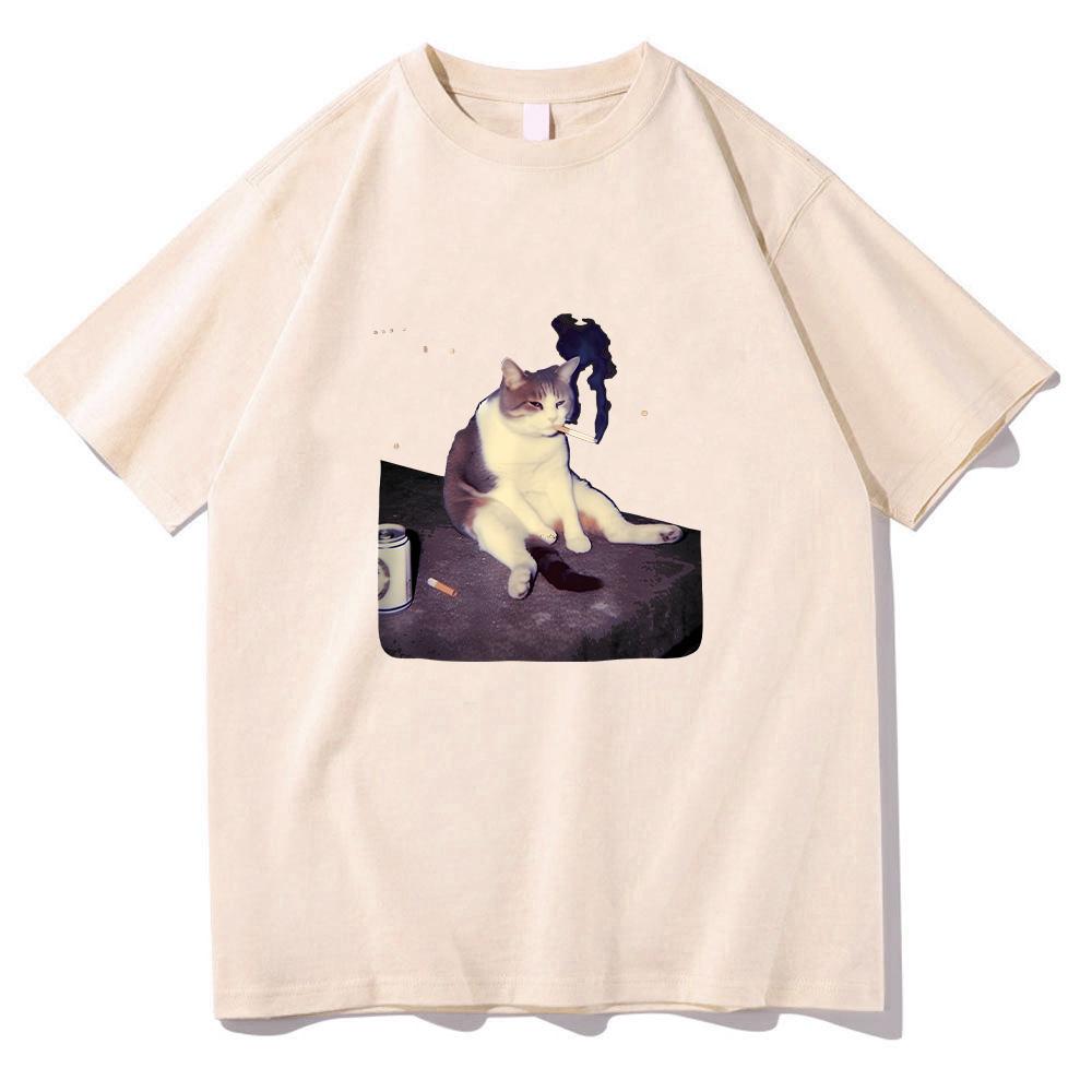 Funny Smoking Cat Meme T-shirt Cigarette Cat Print Clothing Stupid Brainrot Gift Cotton Tee Cat Lover High Quality Tshirt Unisex Men Women Anime Tops
