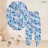 Women Plus Size Blue Pink White Printed Two Piece Set Long Sleeve Hooded Top Cuffed Pants