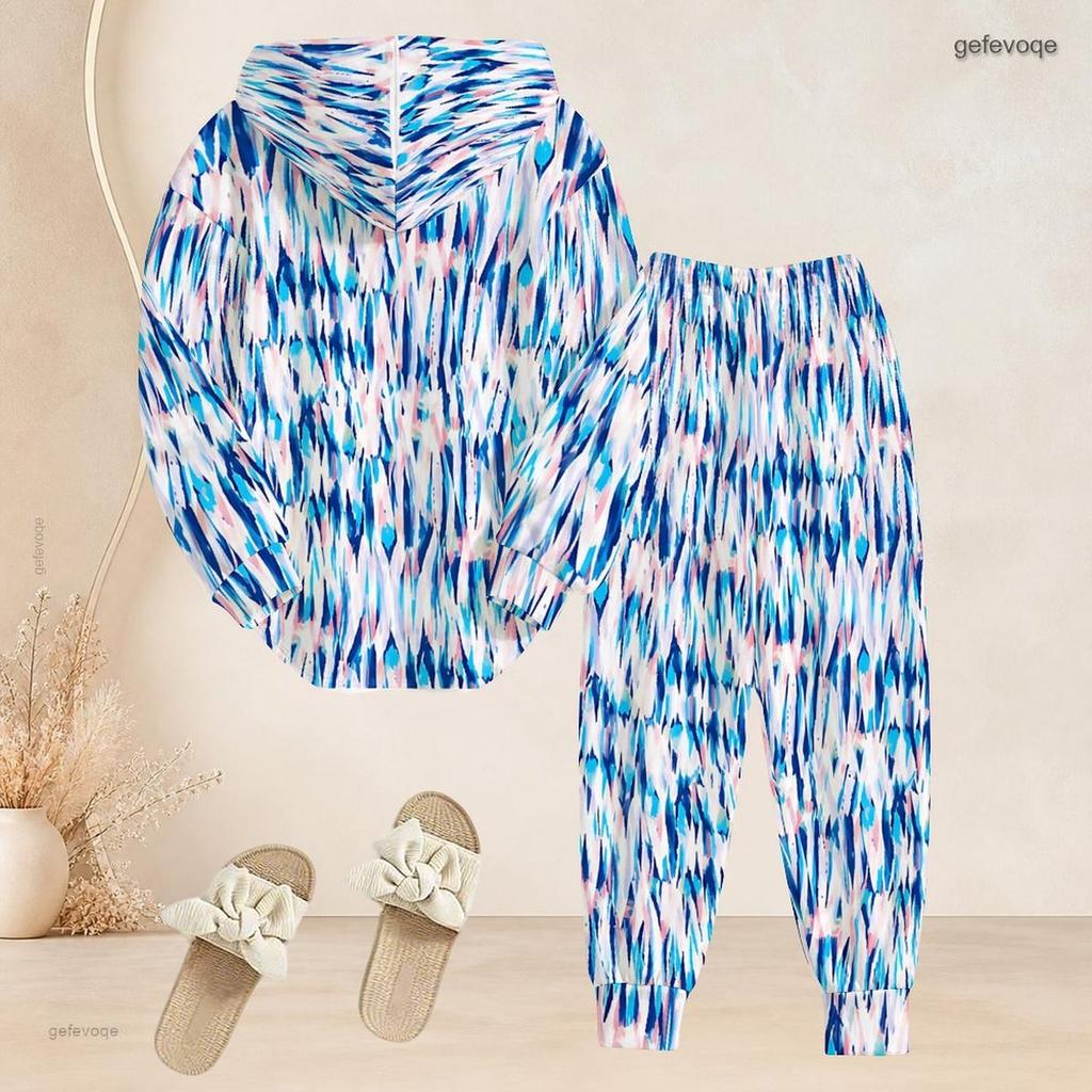 Women Plus Size Blue Pink White Printed Two Piece Set Long Sleeve Hooded Top Cuffed Pants