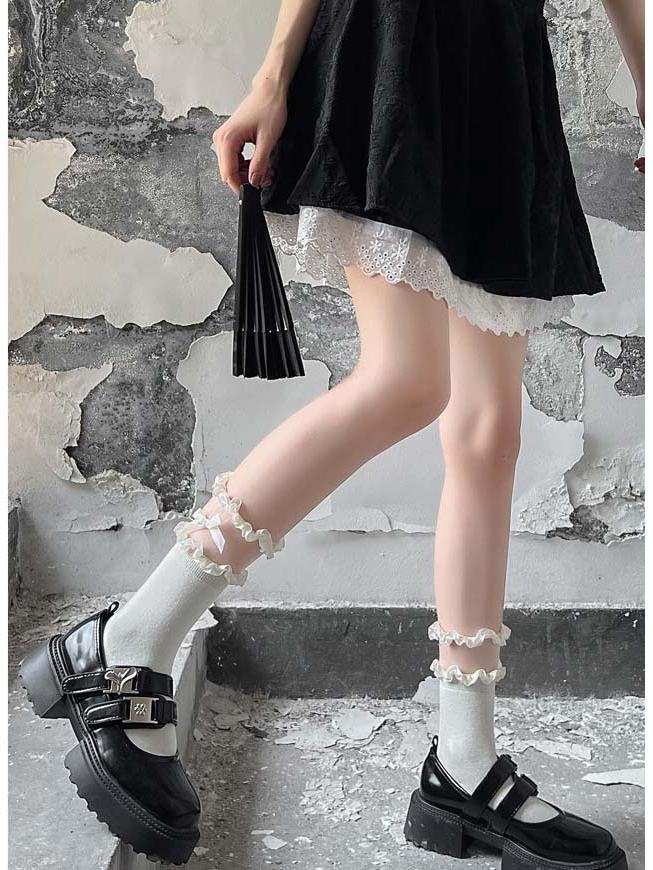 Lace-Trimmed Black Bow Lolita Mid-Calf Slouch Socks
