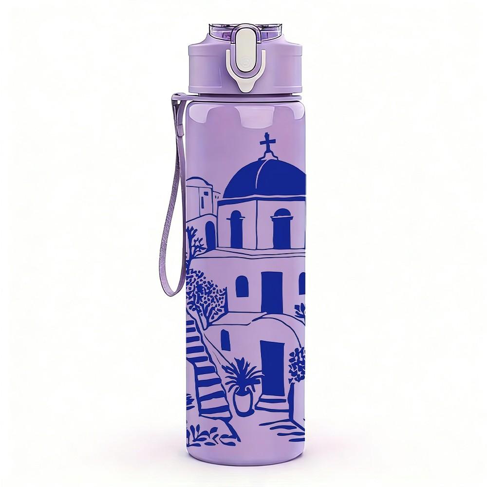 1 PZ Blu Santorini Edificio Stampa Mediterranea 750ml Colore Plastica Borraccia Sportiva Anti-perdita Tappo a Beccuccio Ribaltabile Adatta per Sport Ufficio Uso Domestico