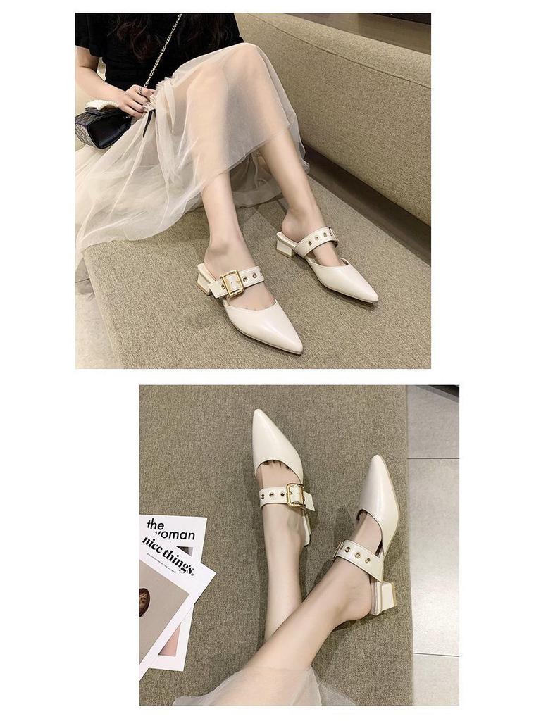 Women's 2025 Summer Korean Style Pointed Toe Closed Slippers with Belt Buckle & Chunky Heel