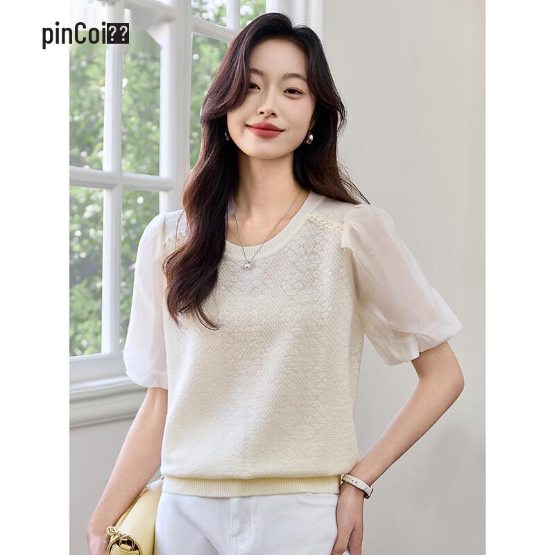 Pincai Women s Elegant Beaded Short-Sleeve Knit T-Shirt M