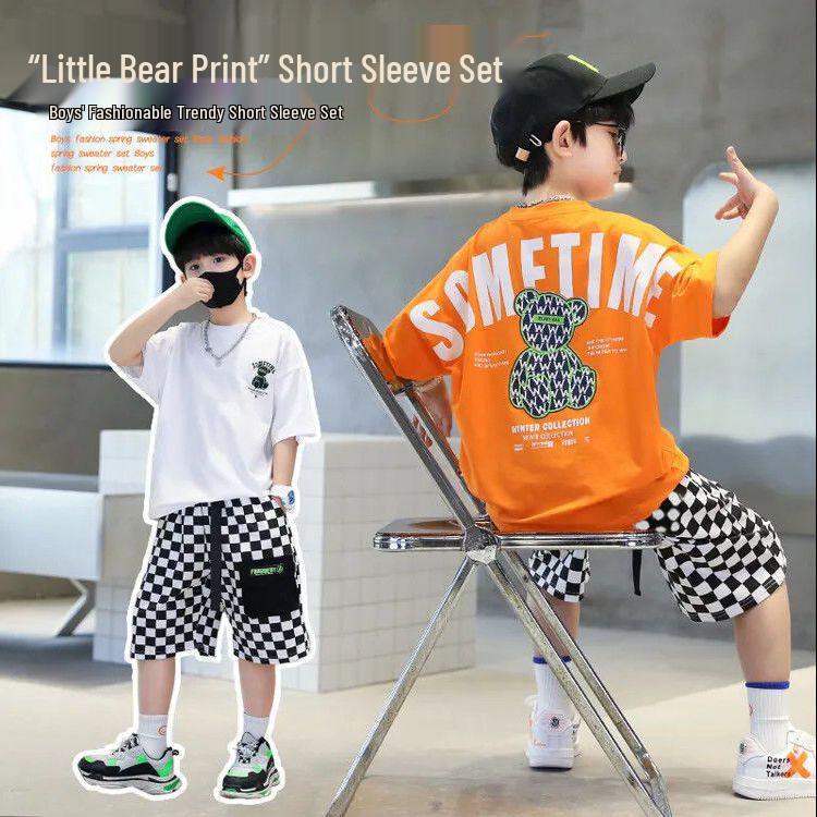 

2025 Boys Summer Sporty Two-Piece Set: Trendy Short Sleeve & Long Pants 120 cm