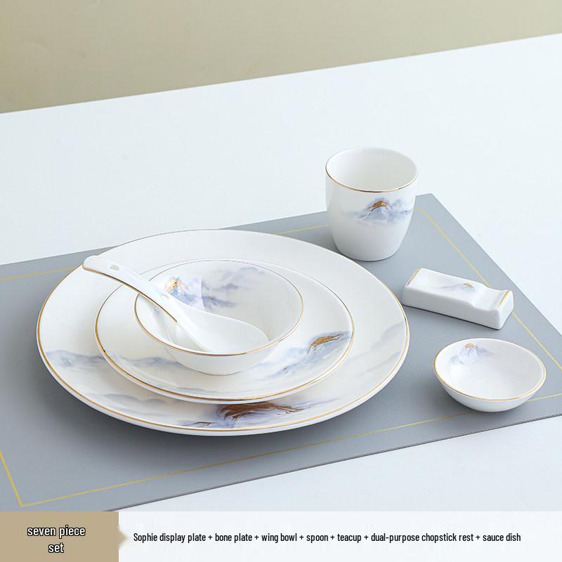 Hotel & Restaurant Gold Rim Ceramic Dinnerware Set - Plates, Bowls, Chopsticks, Spoon (4-Piece)