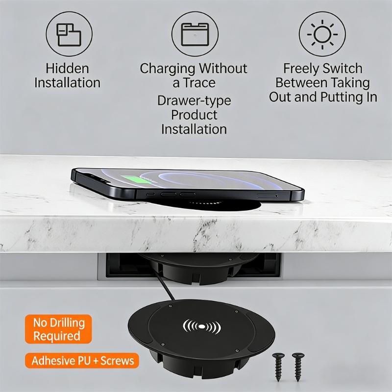 Universal Hide Wireless Phone Chargers 10W Quick Charge Under Desk Install For Multiple Surfaces Keep Workspaces Clean
