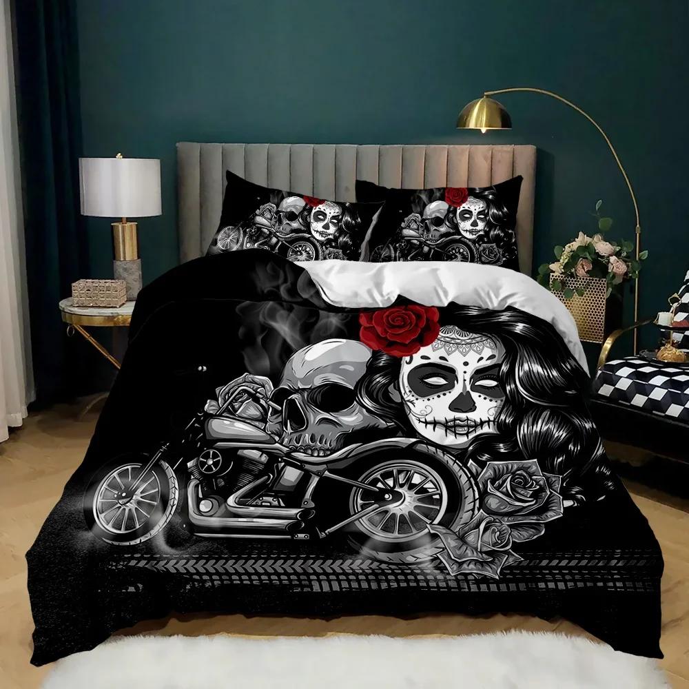 Totenkopf Bettbezug Rote Rose Skelett Queen Floral Skelett Traditionell Mexikanisches Halloween Doppel Queen King Polyester Qulit Cover
