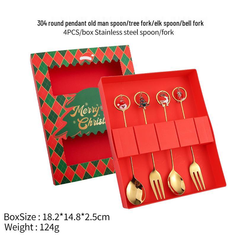 Christmas Cartoon Cutlery Set: Forks, Spoons, and Gift Box Featuring Cute Reindeer and Tree Designs.