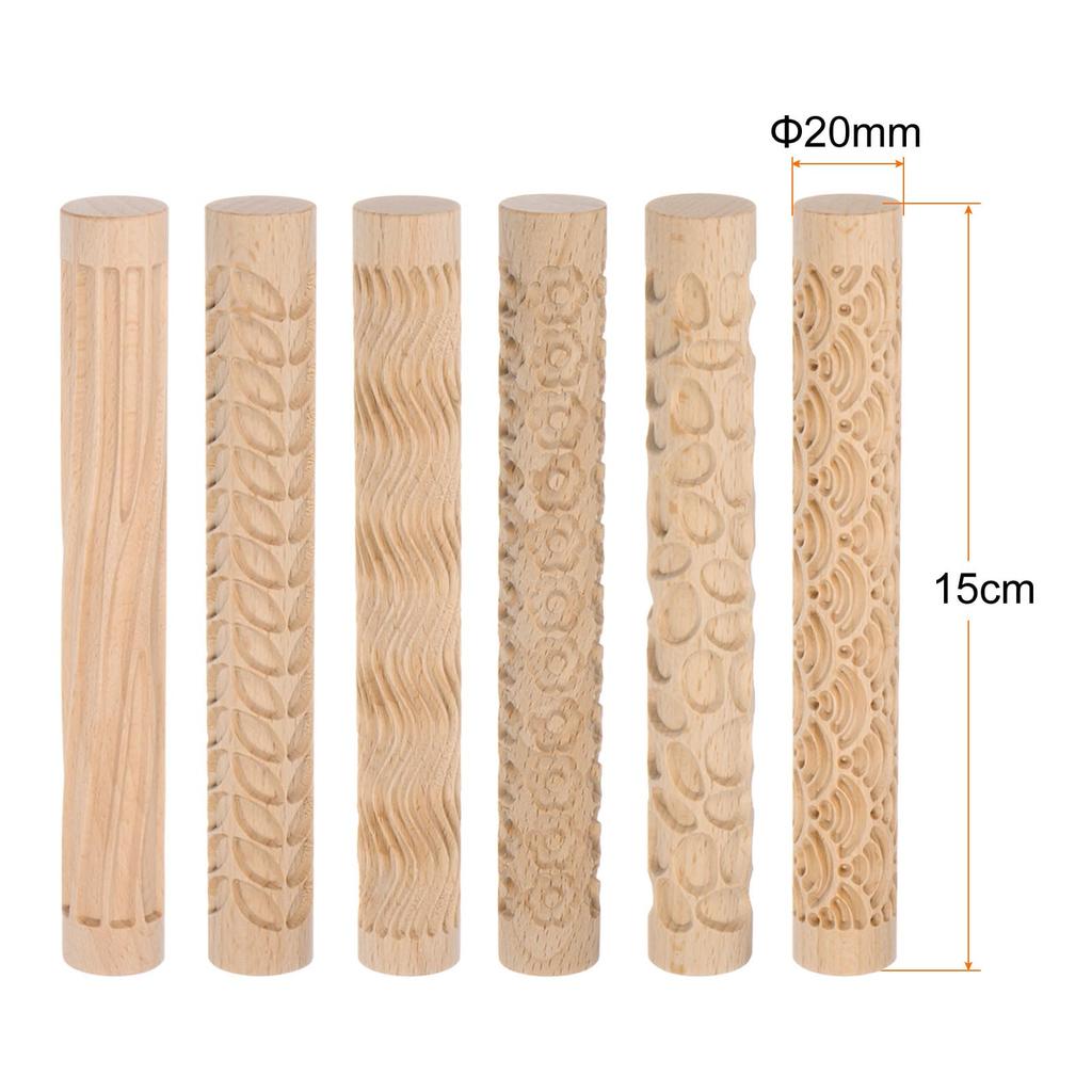 uxcell 6pcs Wooden Clay Roller Pattern Modeling 5.9" Beech Wood Hand Roller Wooden Ceramic Tool Wood Grain Technique Clay Roller Baking Clay DIY