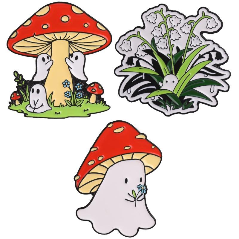 Ghost Mushroom Badge Lily of The Valley Boo Enamel Pin Cute Spooky Forest Lapel Brooch Cottagecore Accessories Gift