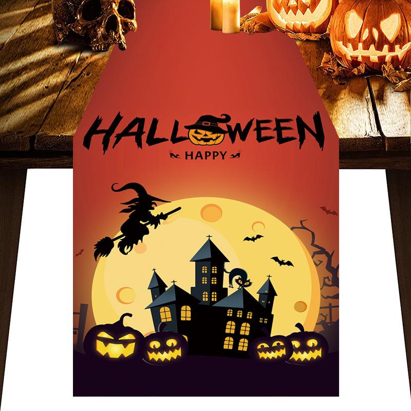 1pc Halloween Table Runner Witch Sunset Skull Bat Castle Table Runner Durable Tablecloth for Halloween Dinning Room Decoration