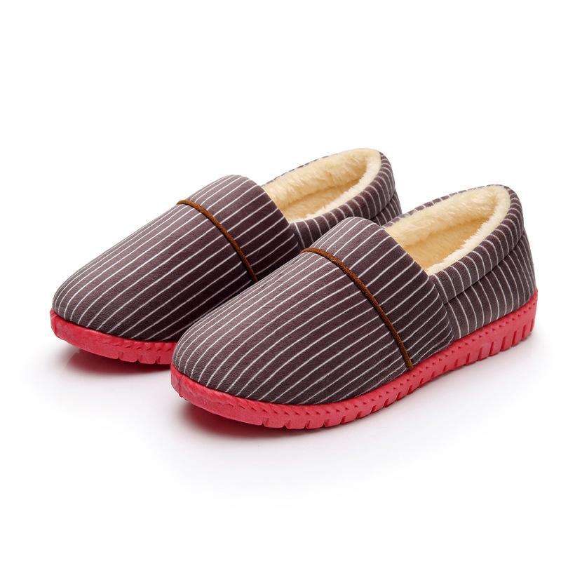 New striped round head low top, comfortable to wear outside, winter velvet soft sole flat heel casual warm women's cotton shoes