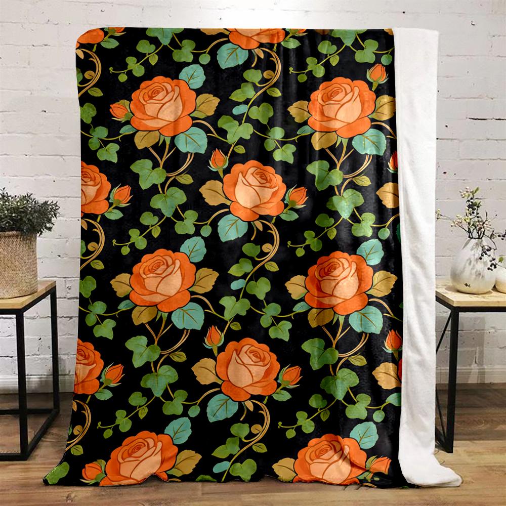 Orange Rose Pattern on Black Background Flannel blanket for bedroom, living room, sofa, and nap sofas.