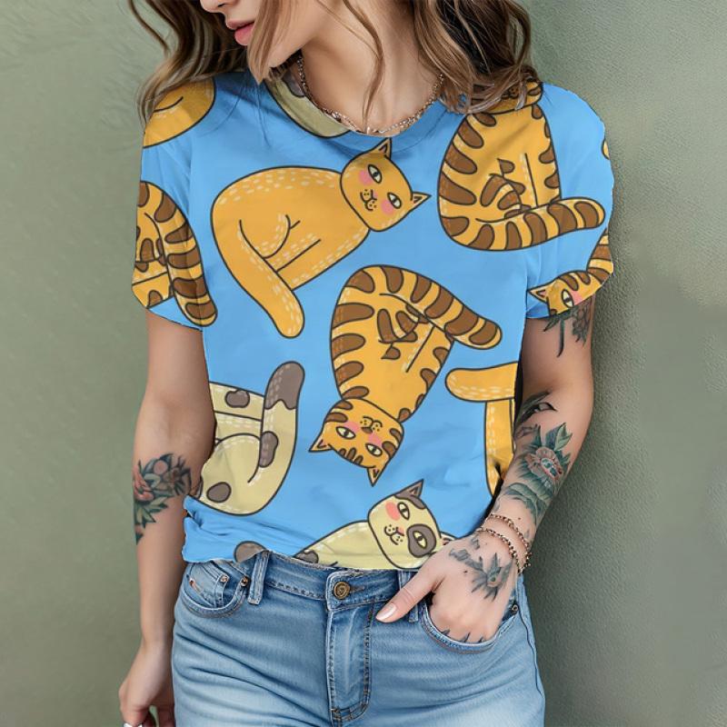 2024 New Fashion Women's T Shirt Cute Cat Printed Short Sleeve Round Neck Fun Pattern T Shirt Summer Home Casual Women's Tops