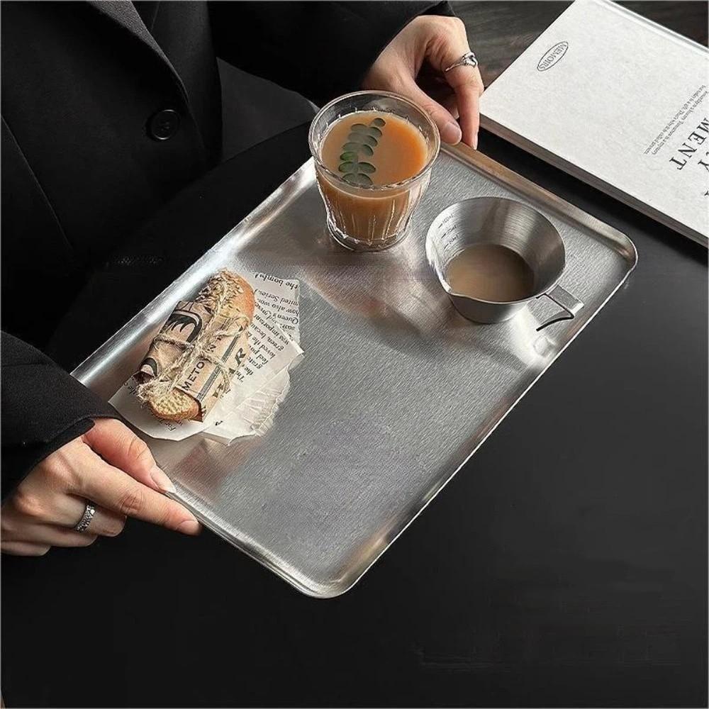 Nordic Stainless Steel Rectangular Plate Kitchen Storage Ins Korean Cake Dessert Plate Coffee Tray Kitchen